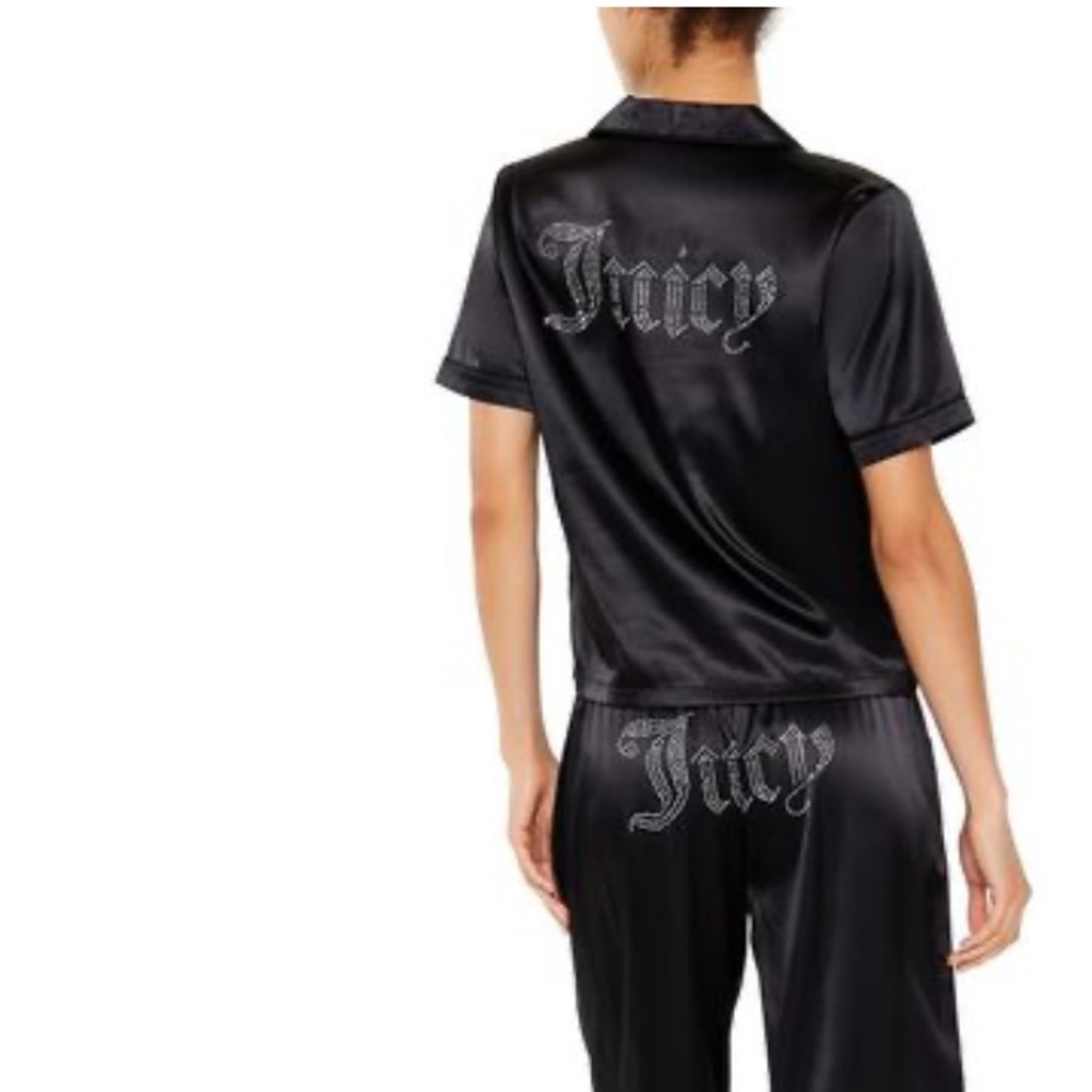 NWT Black Satin “Juicy” Rhinestone Pajama Snap Button Top ONLY, size XS